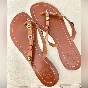 New Tory Burch Floral Accent Leather Sandals